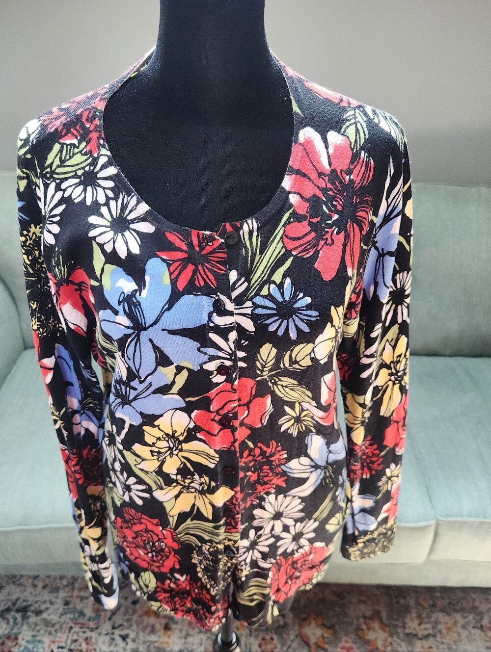 August Silk Floral Button-Front Cardigan Red, Blue & Yellow Flowers Large Cotton